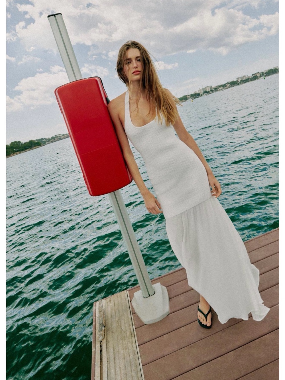 Zara White Ribbed Scoop-Neck Maxi Dress